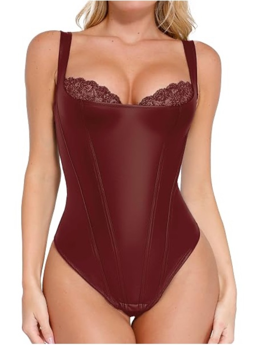 Popilush Faux Leather Lace Trim Burgundy Bodysuit Shapewear